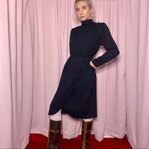 Vintage 70s Designer Black Wool Long Sleeve Dress